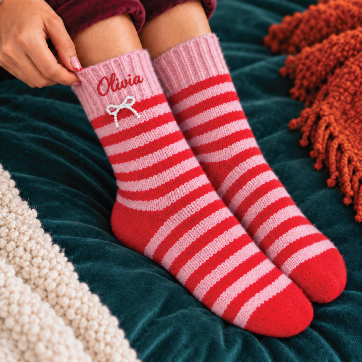 Personalised Pink And Red Stripe Winter Warmer Gift Bundle
