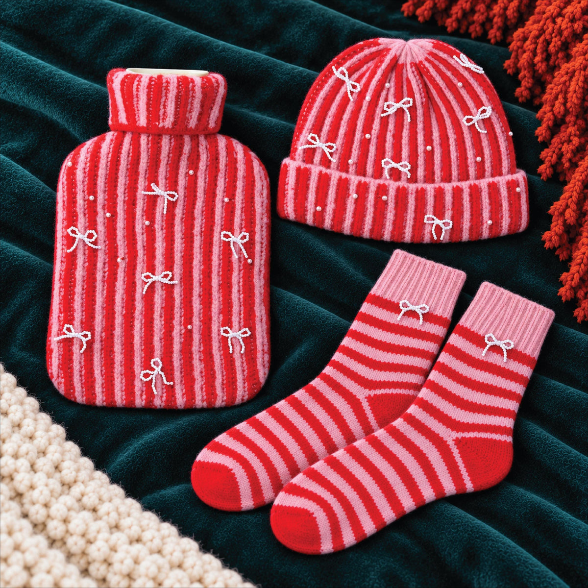 Personalised Pink And Red Stripe Knitted Hot Water Bottle With Pearl Bows
