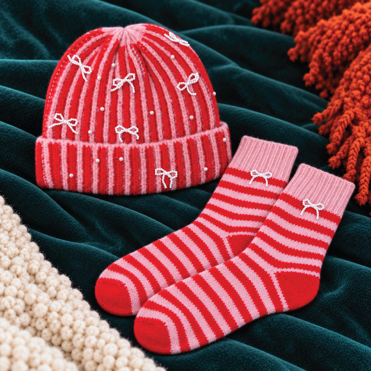 Personalised Pink And Red Stripe Winter Warmer Gift Bundle