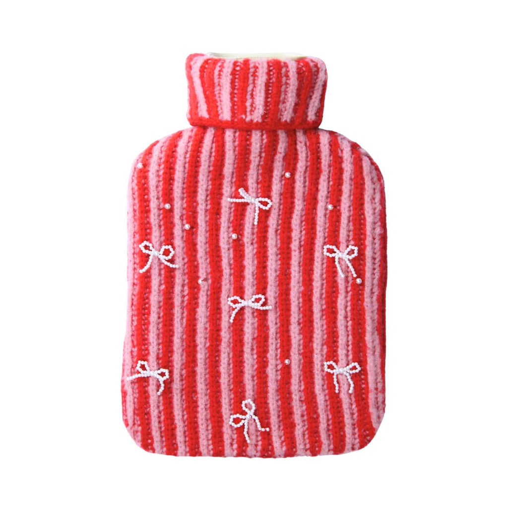 Personalised Pink And Red Stripe Knitted Hot Water Bottle With Pearl Bows