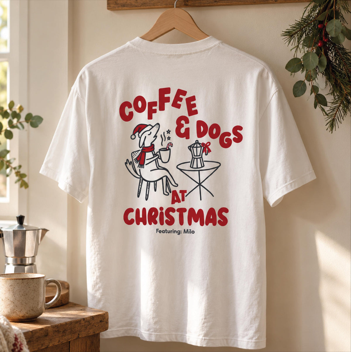 Personalised Coffee And Dogs Christmas T Shirt