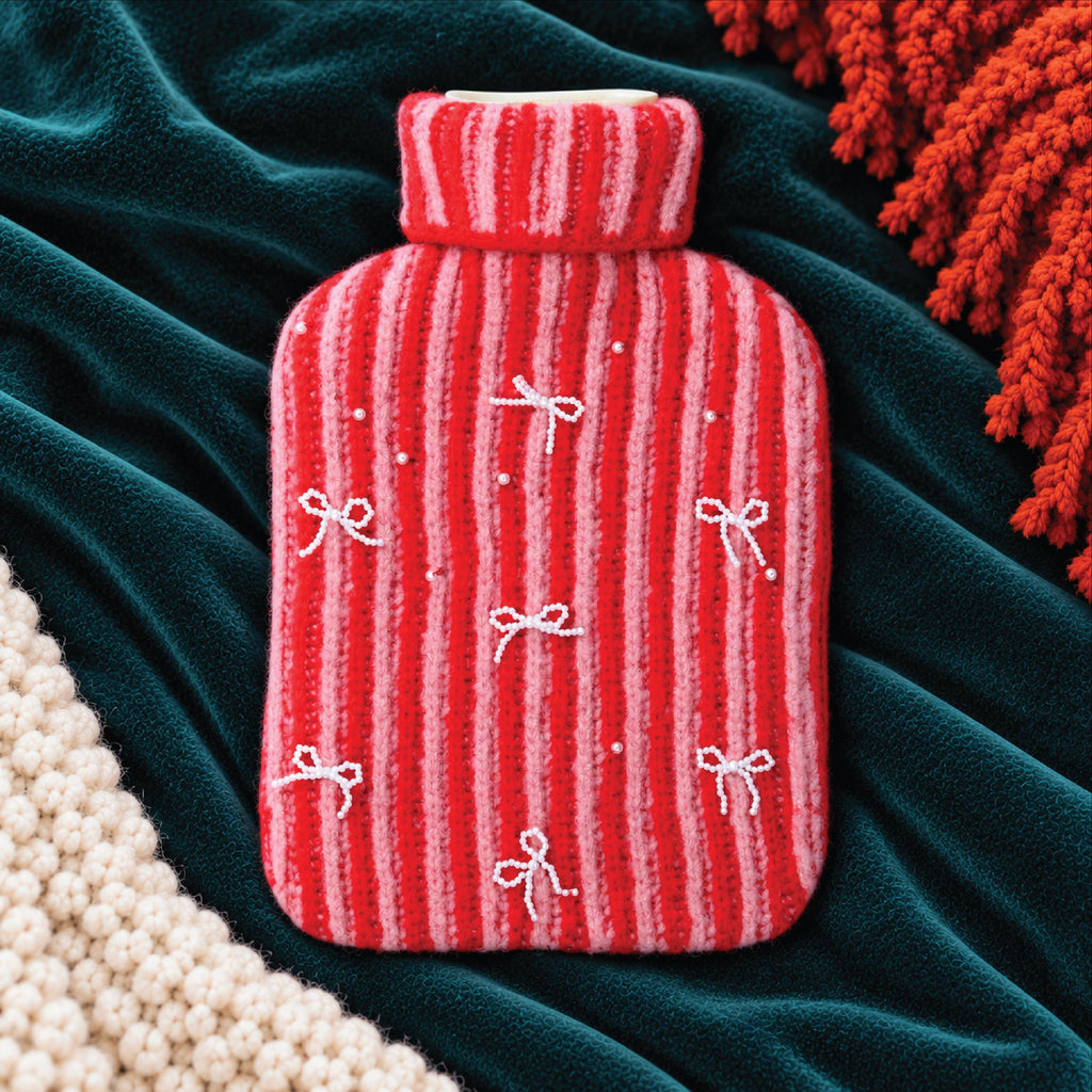 Personalised Pink And Red Stripe Knitted Hot Water Bottle With Pearl Bows