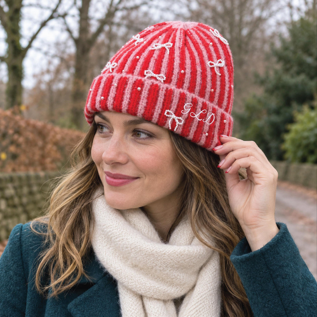 Personalised Pink And Red Stripe Winter Hat With Pearl Bows