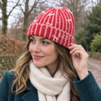 Personalised Pink And Red Stripe Winter Hat With Pearl Bows