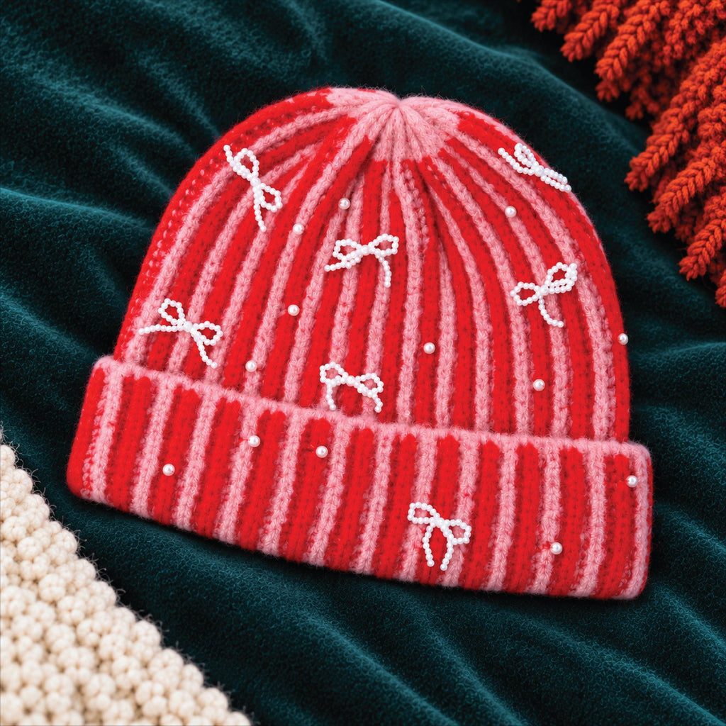 Personalised Pink And Red Stripe Winter Hat With Pearl Bows