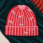 Personalised Pink And Red Stripe Winter Hat With Pearl Bows