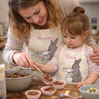 Woman and child in matching bunny aprons preparing food together in a kitchen