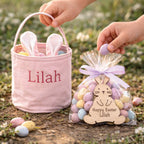 Pink Easter basket with personalized bag of Easter eggs outdoors