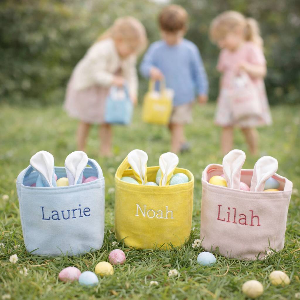 Children playing with personalized Easter baskets outdoors.