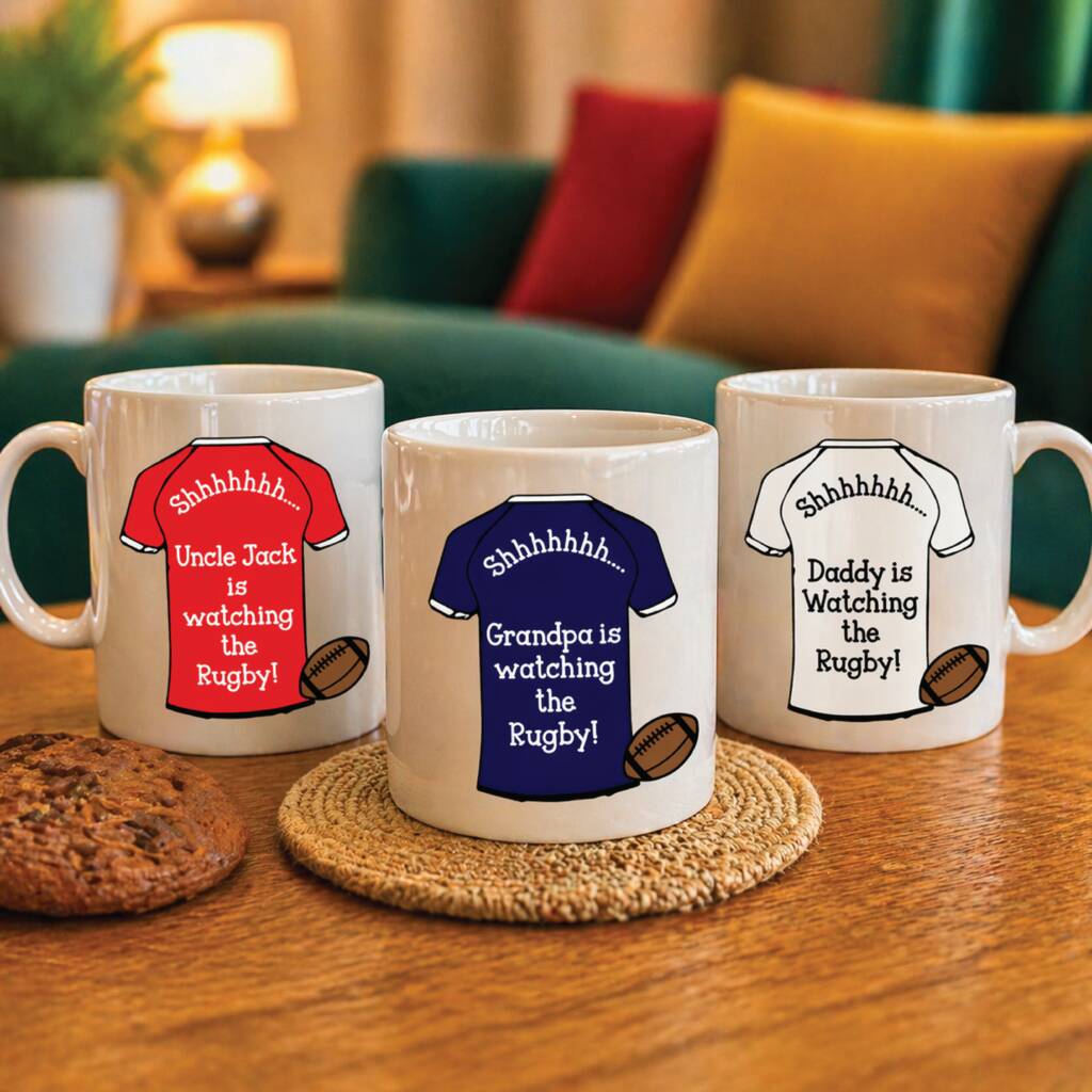 Personalised Shh Watching Rugby Team Shirt Mug